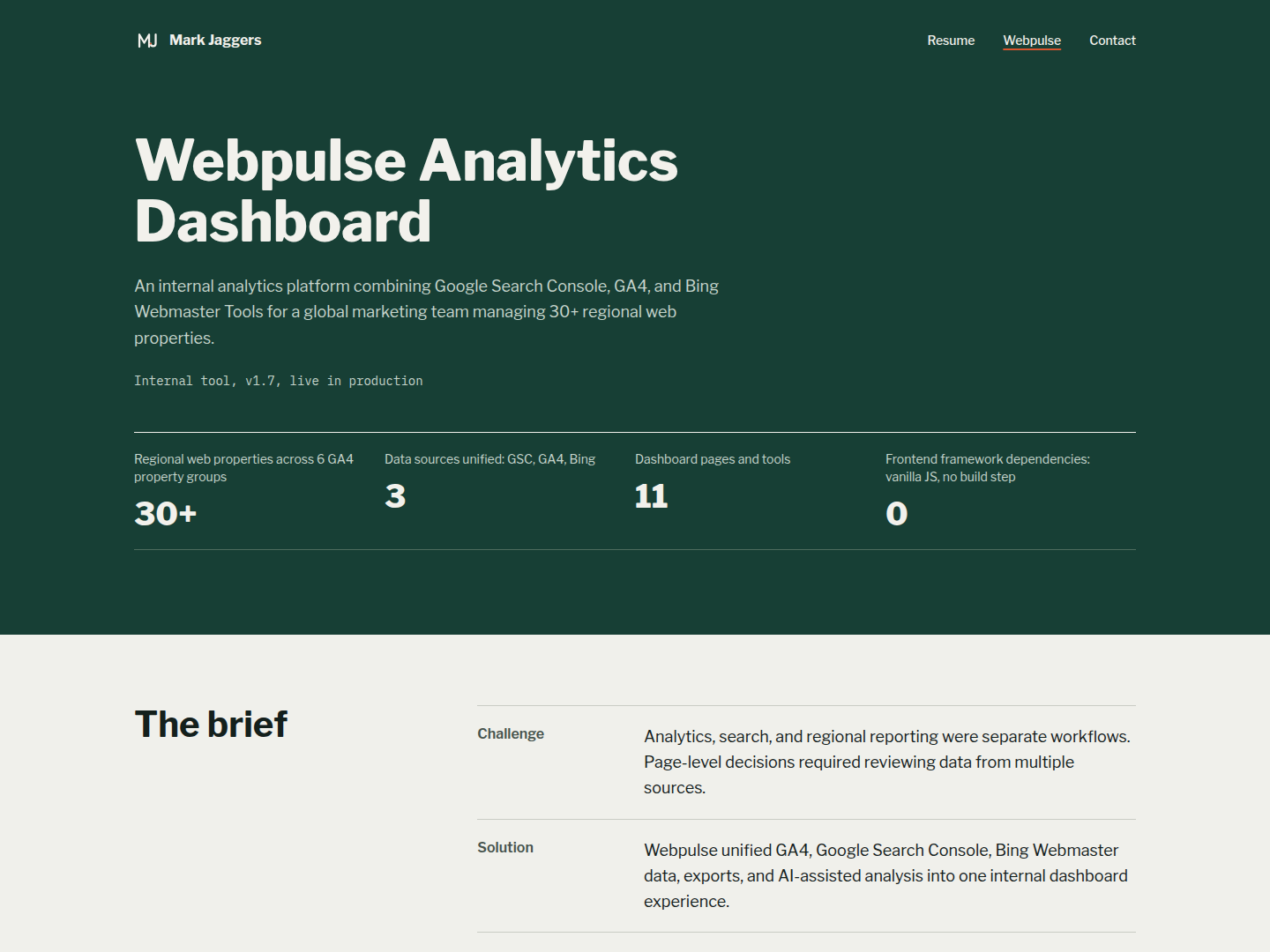 mjaggers.com Webpulse case study page with dashboard screenshots